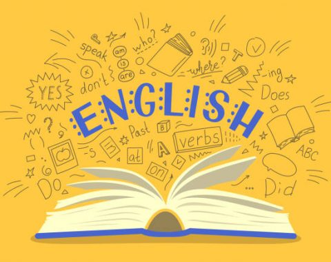 English. Open book with language hand drawn doodles and lettering on yellow background. Education vector illustration.