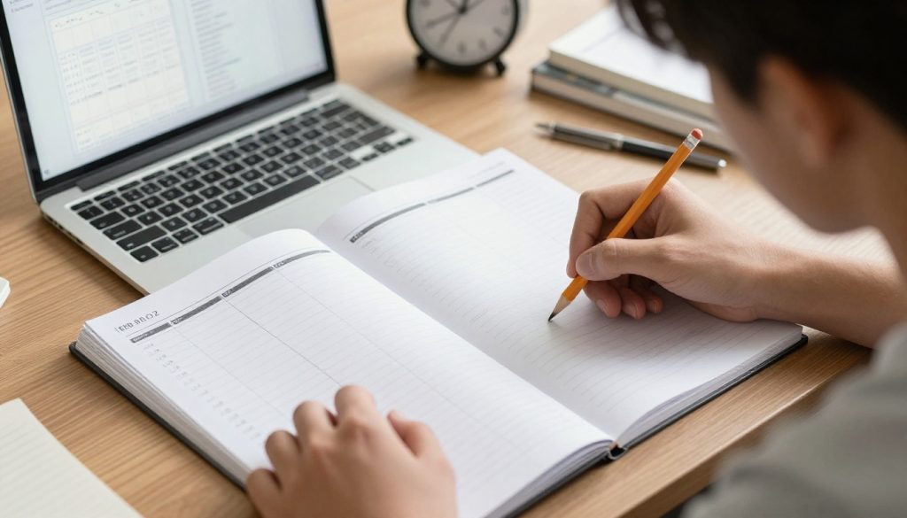 Teenager studying an open weekly planner beside a laptop and textbooks.