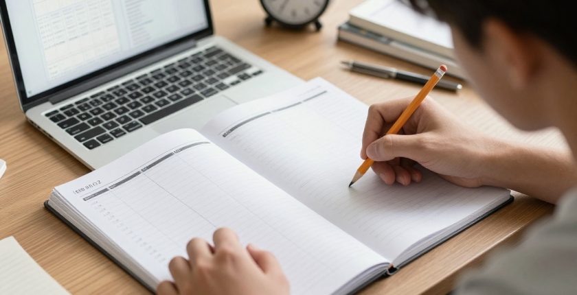 Teenager studying an open weekly planner beside a laptop and textbooks.