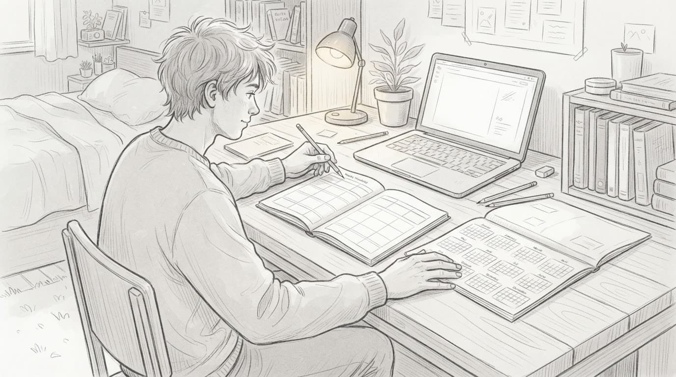 Student arranging a blank weekly calendar with notebooks and a laptop at a bedroom desk.