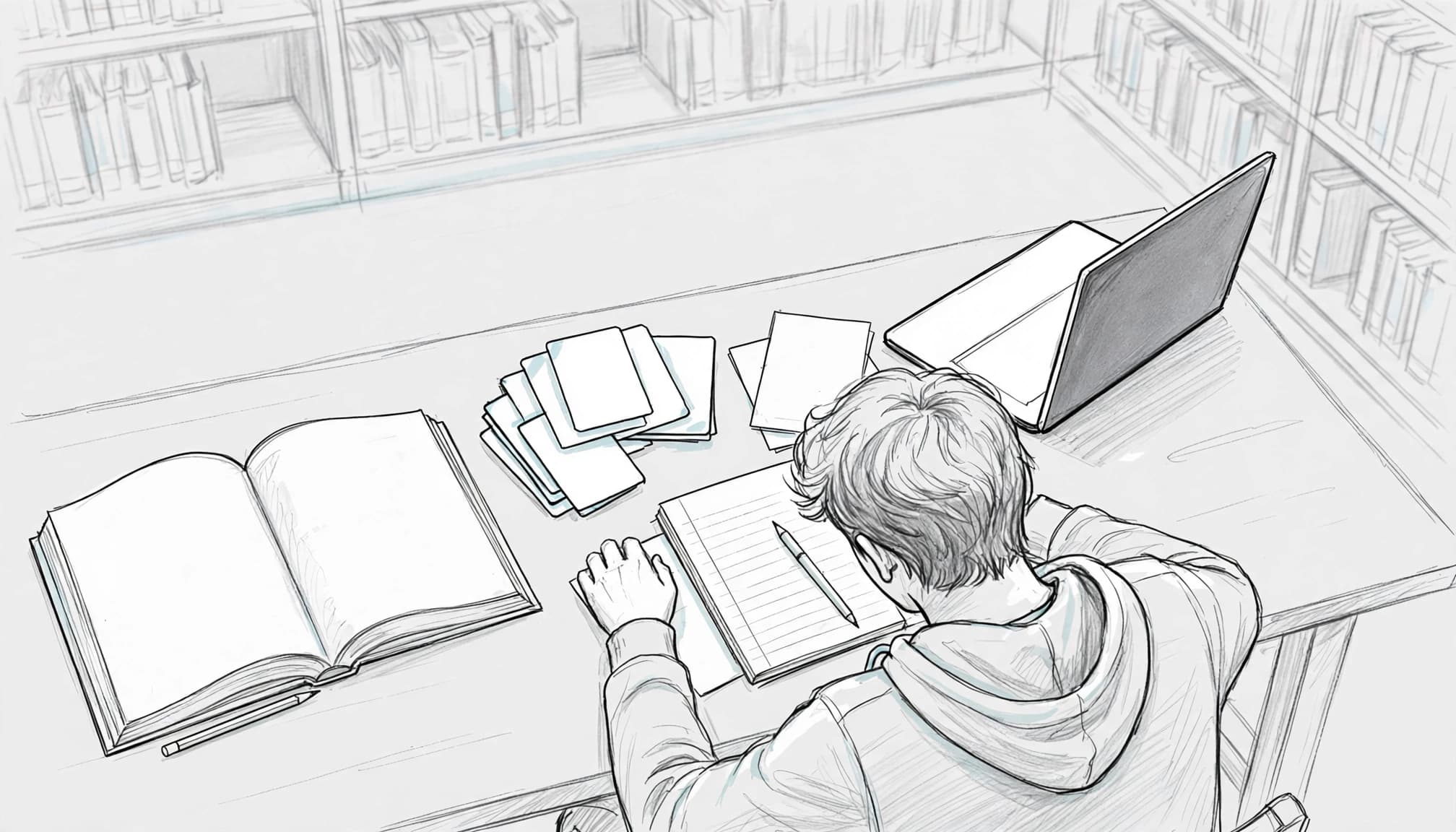 A student studies with a textbook, notes, flashcards, and laptop at a library table.
