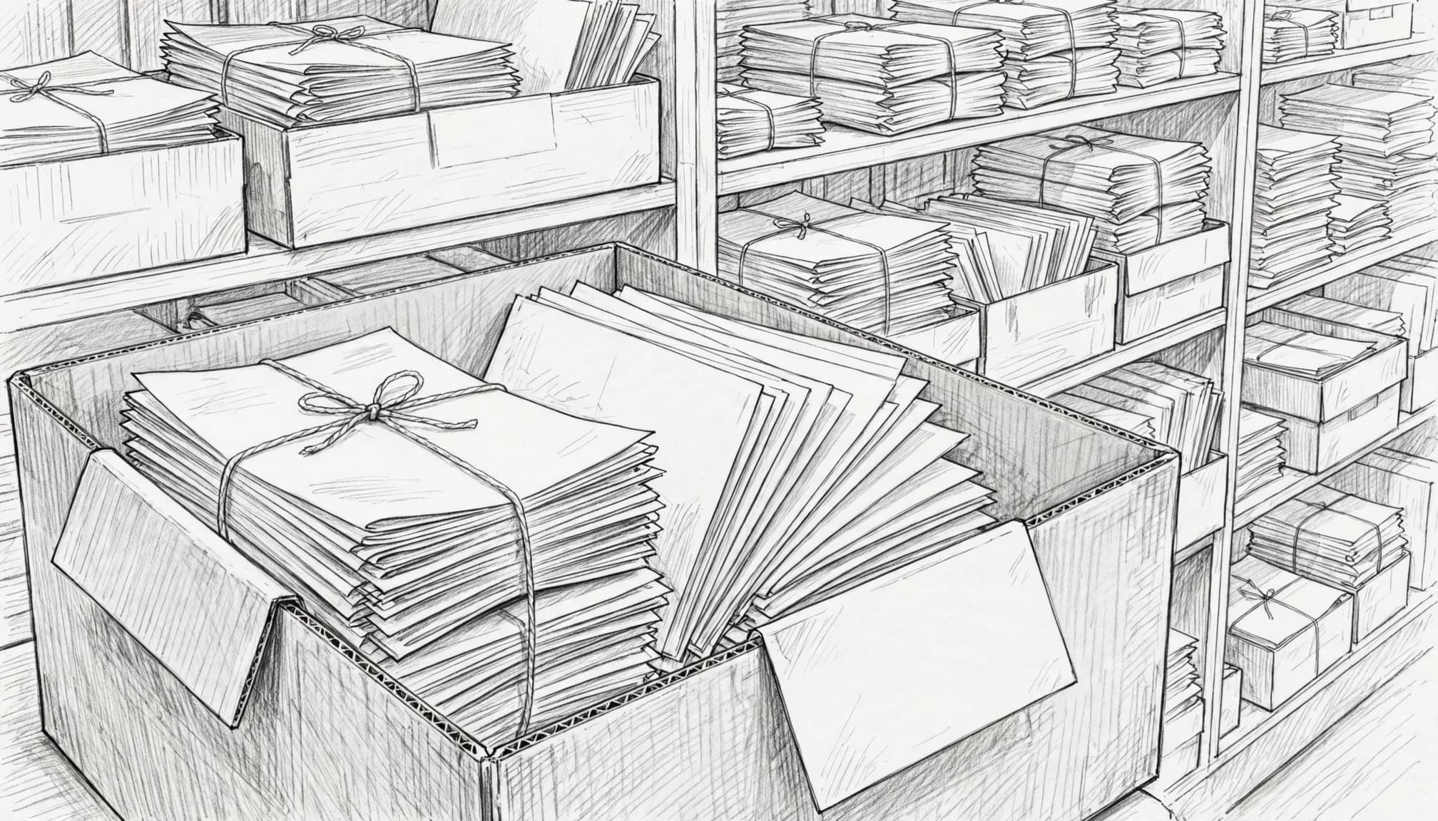 Dated exam papers and mark scheme sheets sit in a box beside a catalog card.