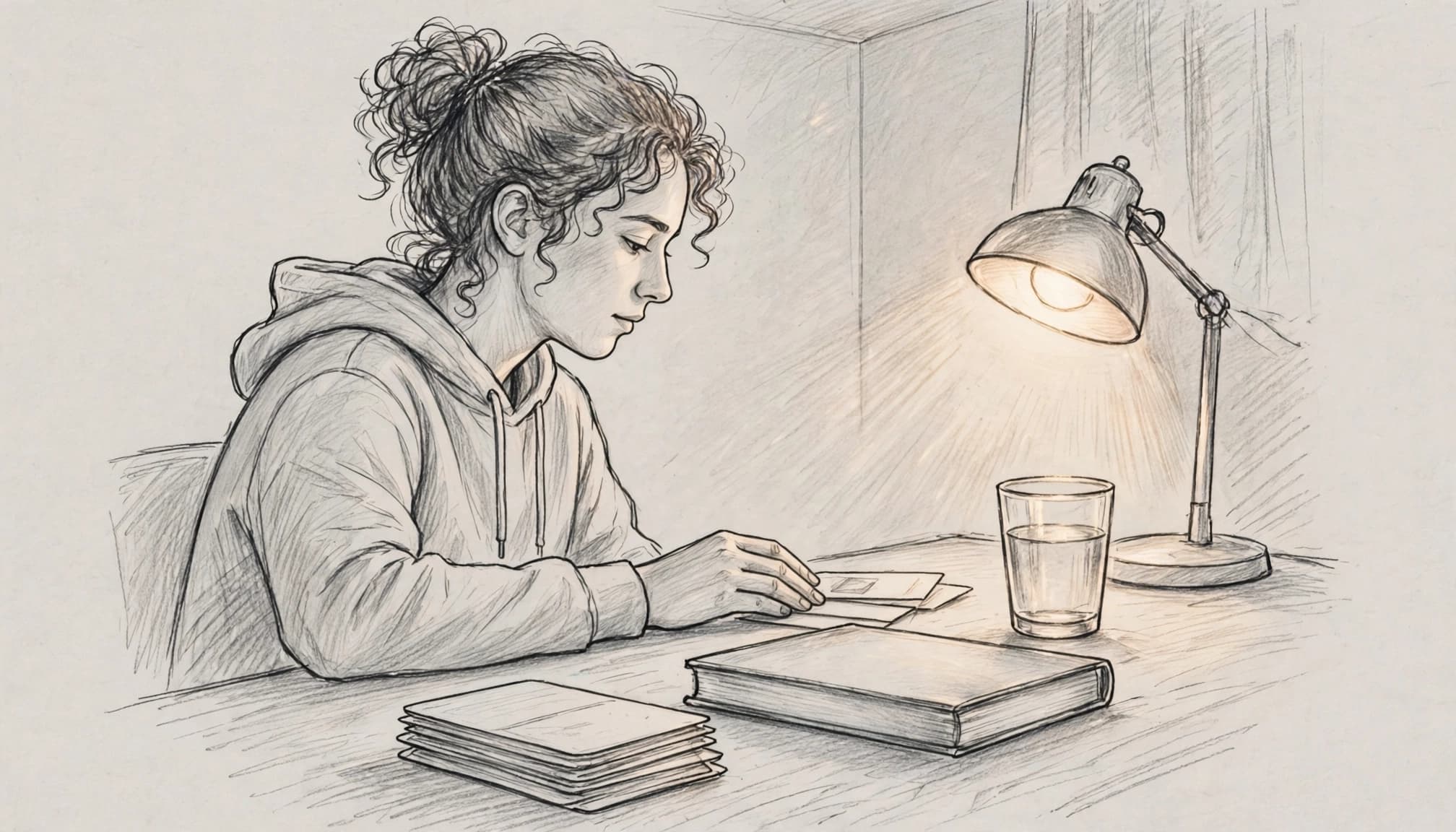 A student reviews flashcards beside a textbook and glass of water.