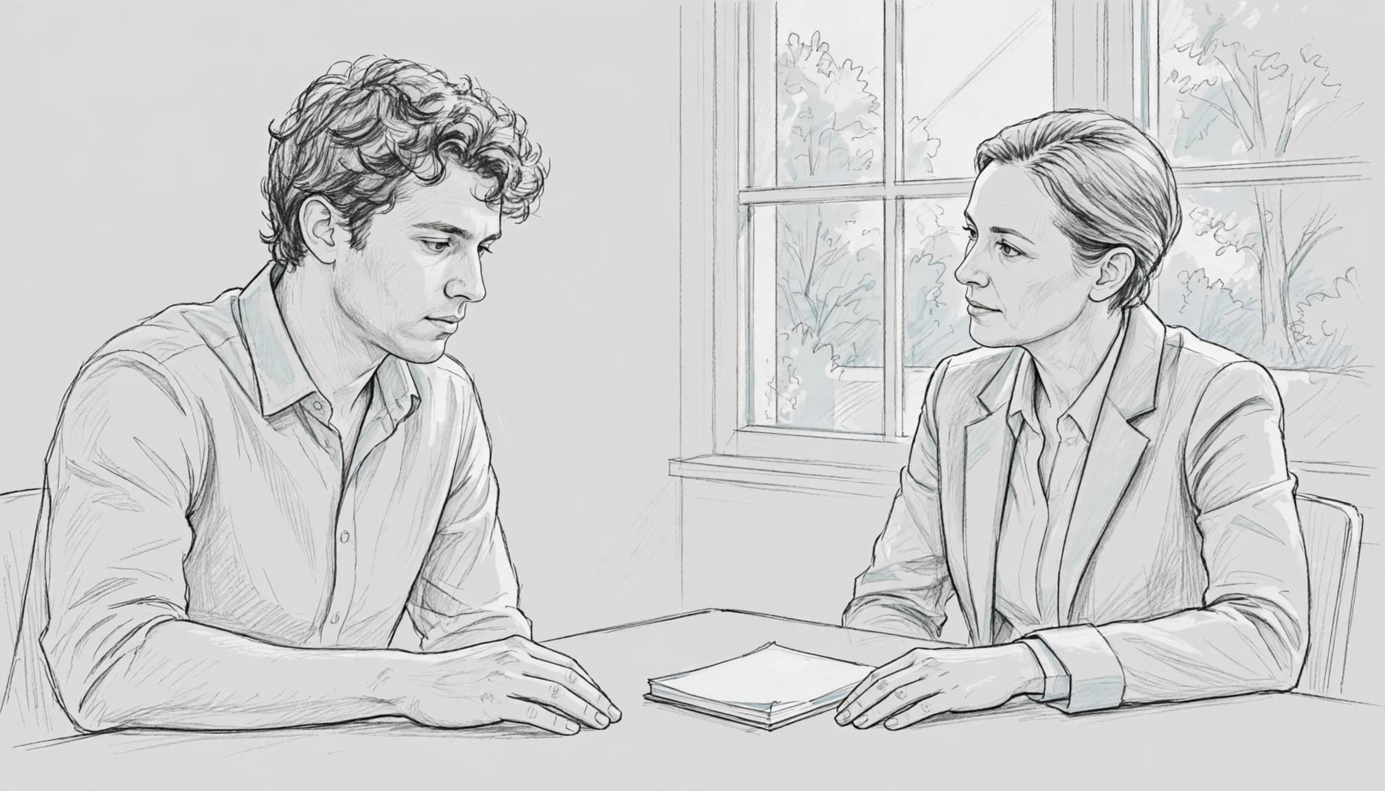 A candidate pauses beside a notepad while an interviewer listens.