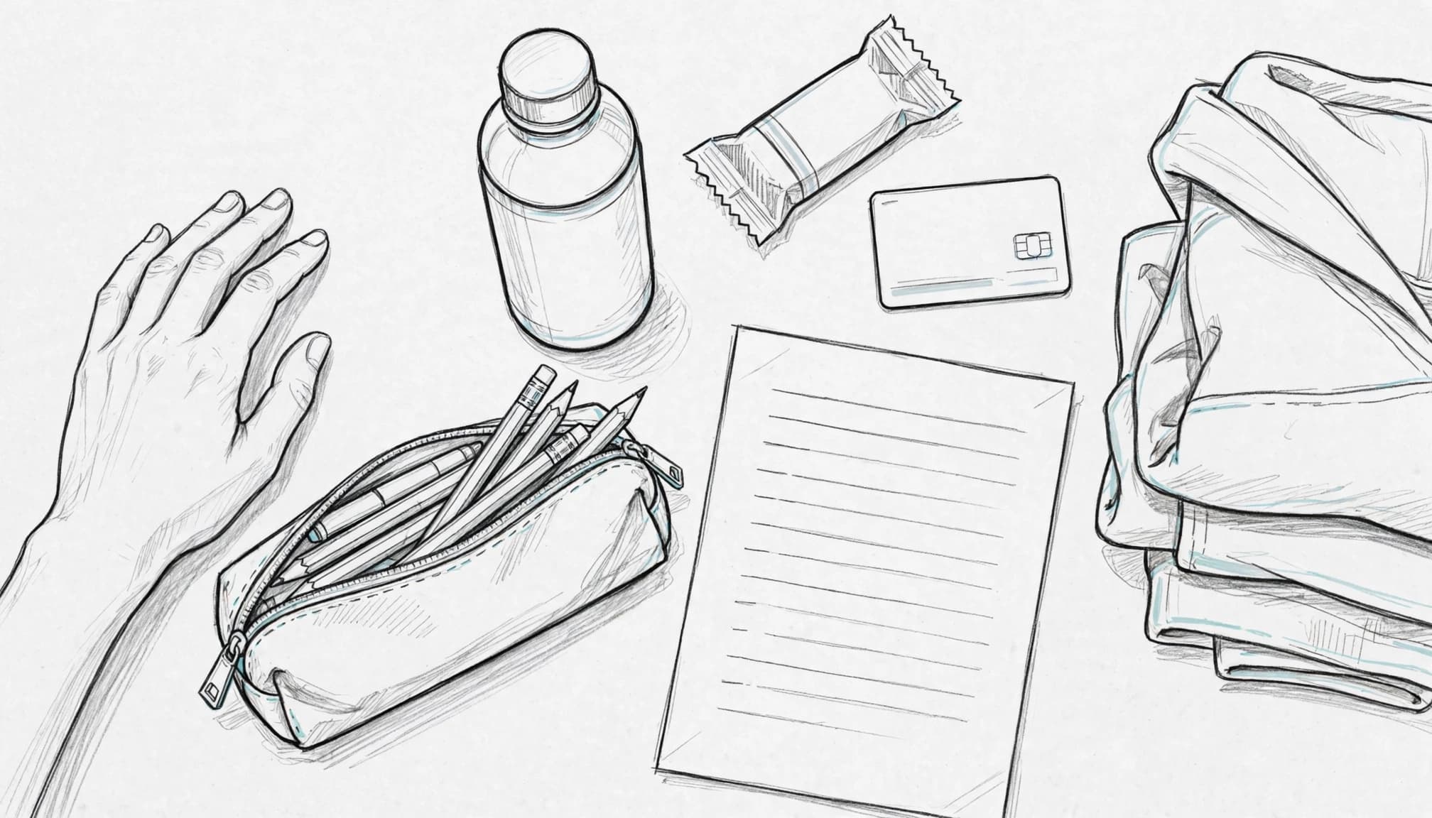 A hand rests beside exam supplies, a water bottle, snack, transit card, clothes, and a blank checklist.