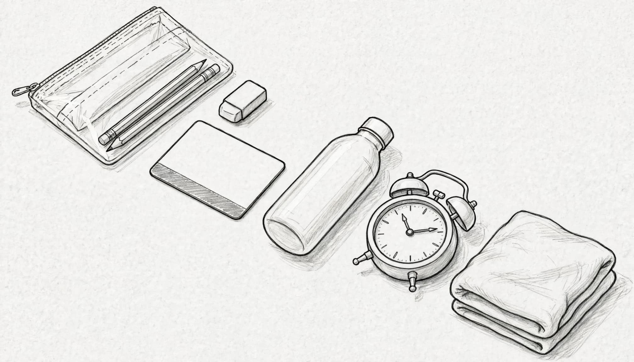 Exam supplies, a water bottle, alarm clock, and folded clothes arranged on a table.