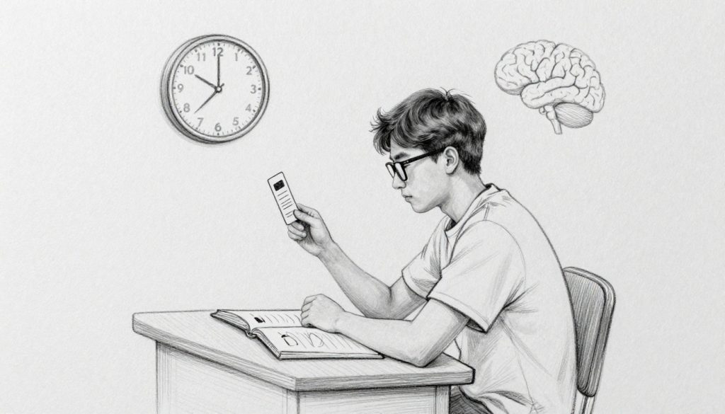 A student studies a flashcard at a desk beside an open notebook.
