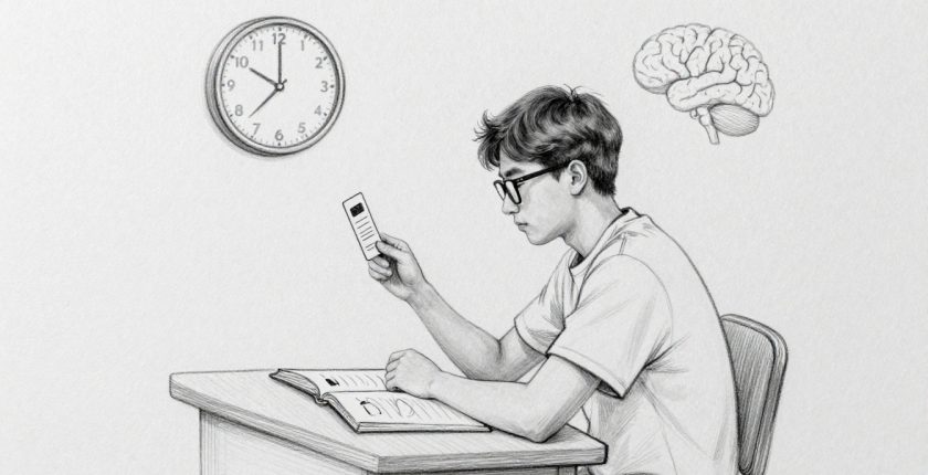 A student studies a flashcard at a desk beside an open notebook.