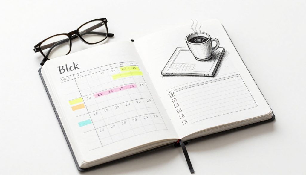 An open weekly planner with glasses, sticky notes, coffee, and a laptop on a desk.