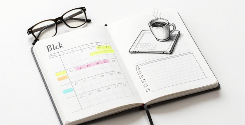 An open weekly planner with glasses, sticky notes, coffee, and a laptop on a desk.