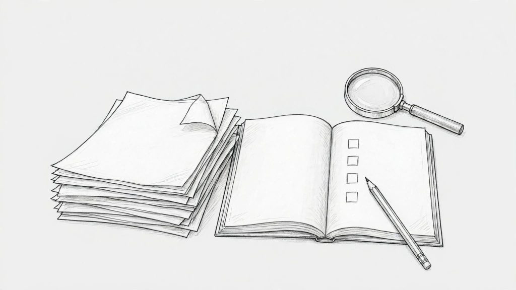 Exam papers sit beside an open syllabus, magnifying glass, pencil, and empty checklist.