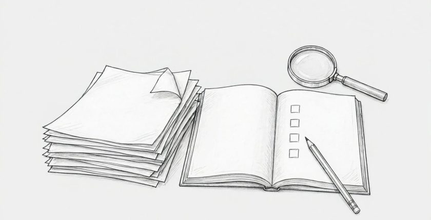 Exam papers sit beside an open syllabus, magnifying glass, pencil, and empty checklist.
