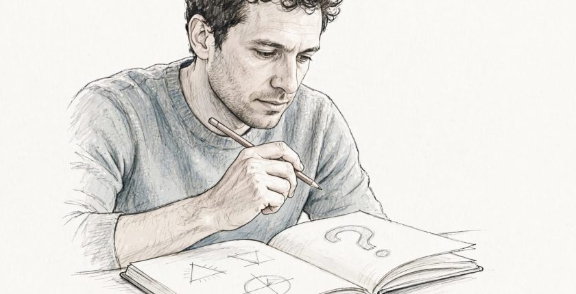 A student holds a pencil while thinking over diagrams in an open notebook.