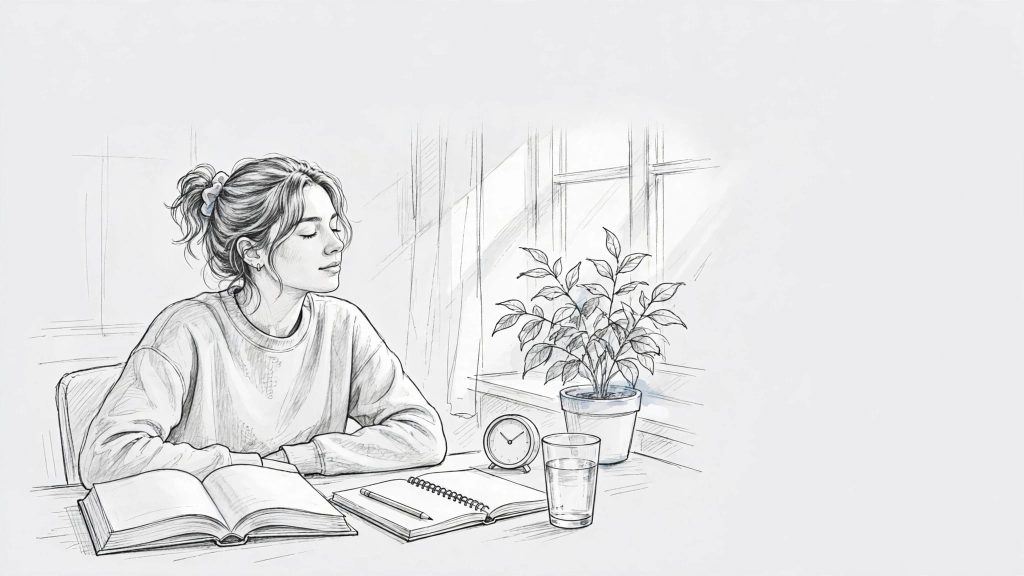 A student takes a calming breath at a desk with study supplies and a leafy plant.
