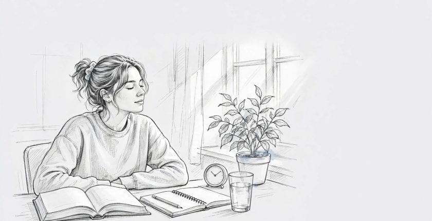 A student takes a calming breath at a desk with study supplies and a leafy plant.