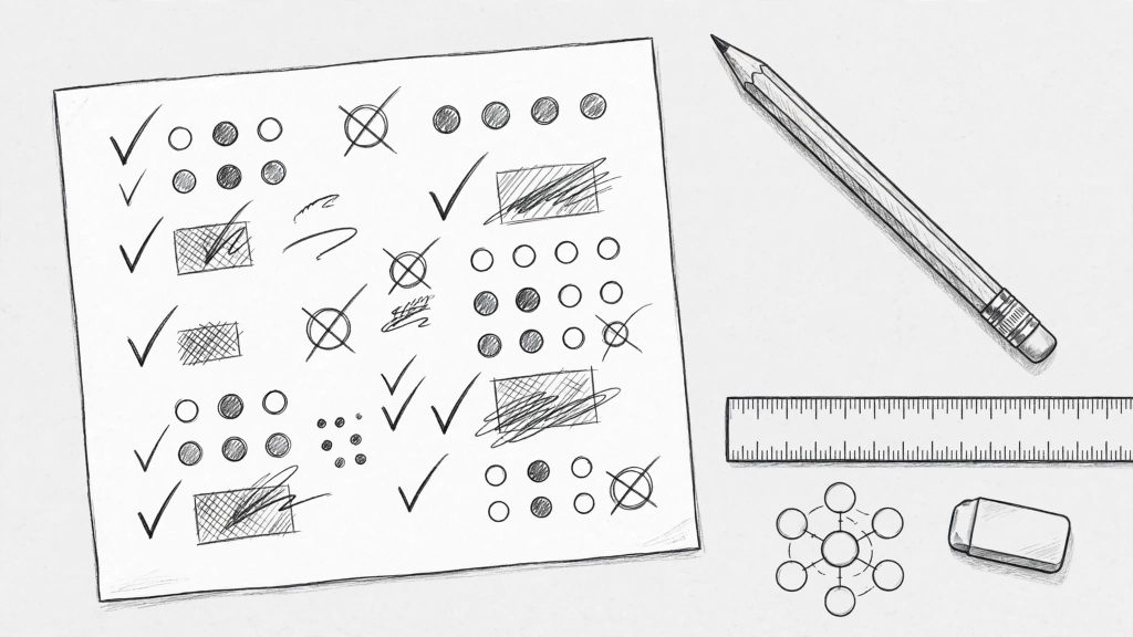 A practice paper, pencil, ruler, eraser, and revision plan arranged on a light background.
