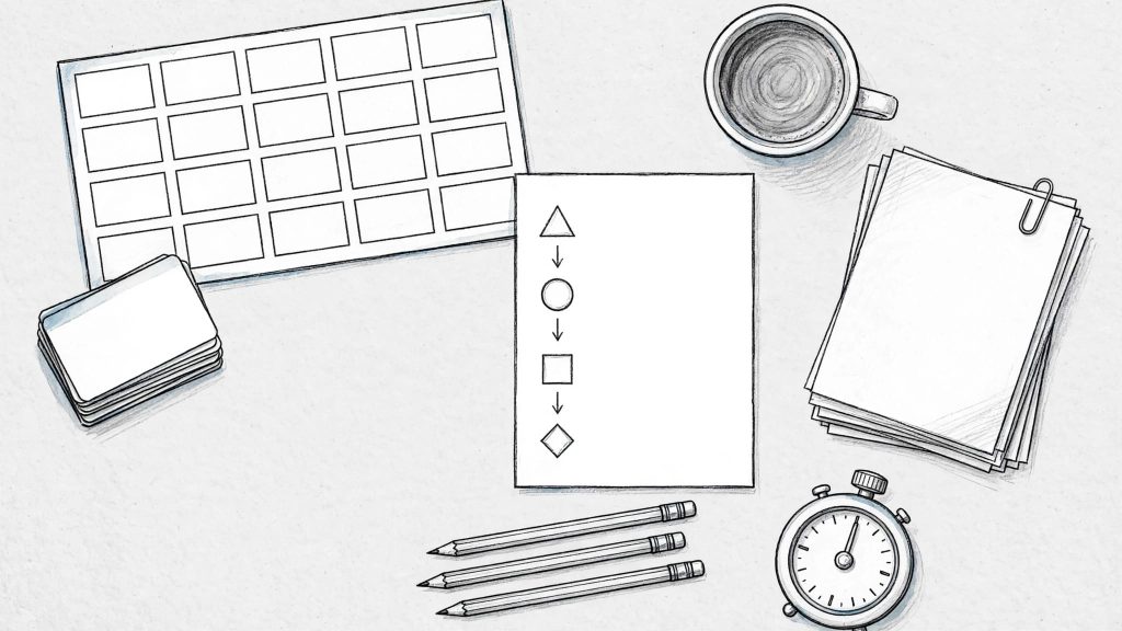 Sketch of a planner, exam papers, flashcards, timer, pencils, and coffee on a study desk.