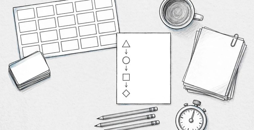 Sketch of a planner, exam papers, flashcards, timer, pencils, and coffee on a study desk.