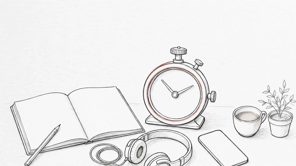 A study desk with a timer, blank notebook, pencil, headphones, phone, cup, and plant.