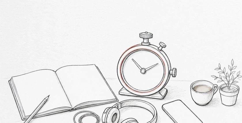 A study desk with a timer, blank notebook, pencil, headphones, phone, cup, and plant.