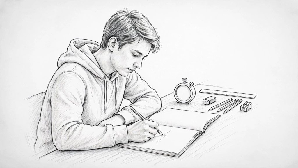 Student writing calmly in an exam booklet beside a timer and stationery.
