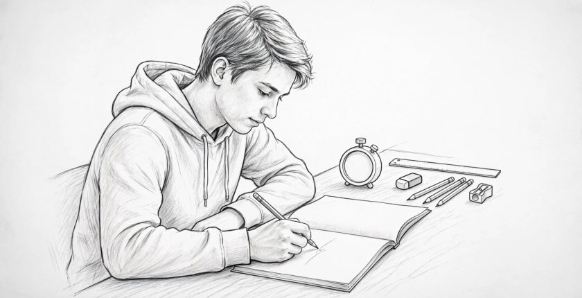 Student writing calmly in an exam booklet beside a timer and stationery.
