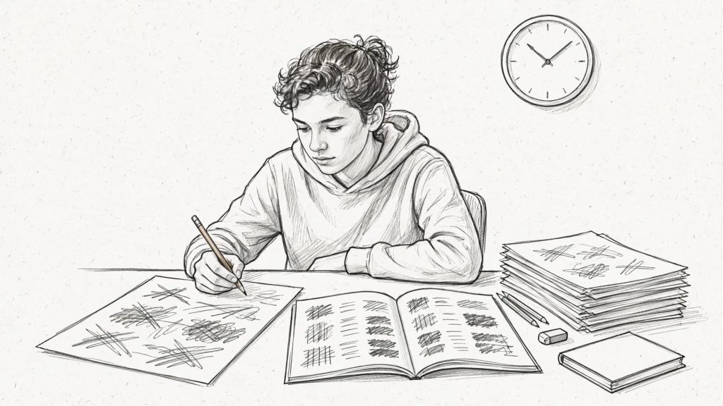 Student reviews an exam paper beside a marking guide at a tidy desk.