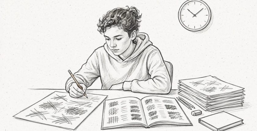 Student reviews an exam paper beside a marking guide at a tidy desk.