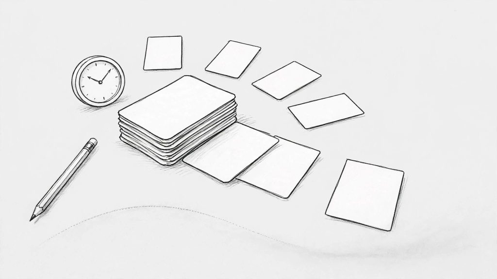 Blank flashcards arranged around a study desk with a clock, pencil, and fading memory curve.