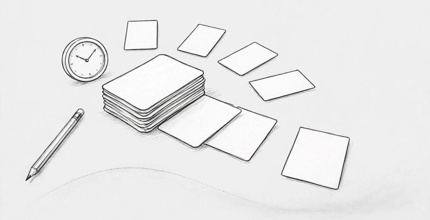 Blank flashcards arranged around a study desk with a clock, pencil, and fading memory curve.