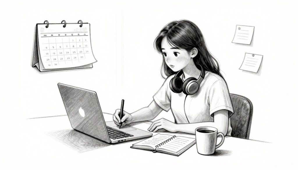 Student taking notes beside a laptop with headphones, coffee, and planning notes.