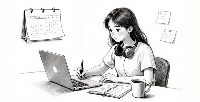 Student taking notes beside a laptop with headphones, coffee, and planning notes.