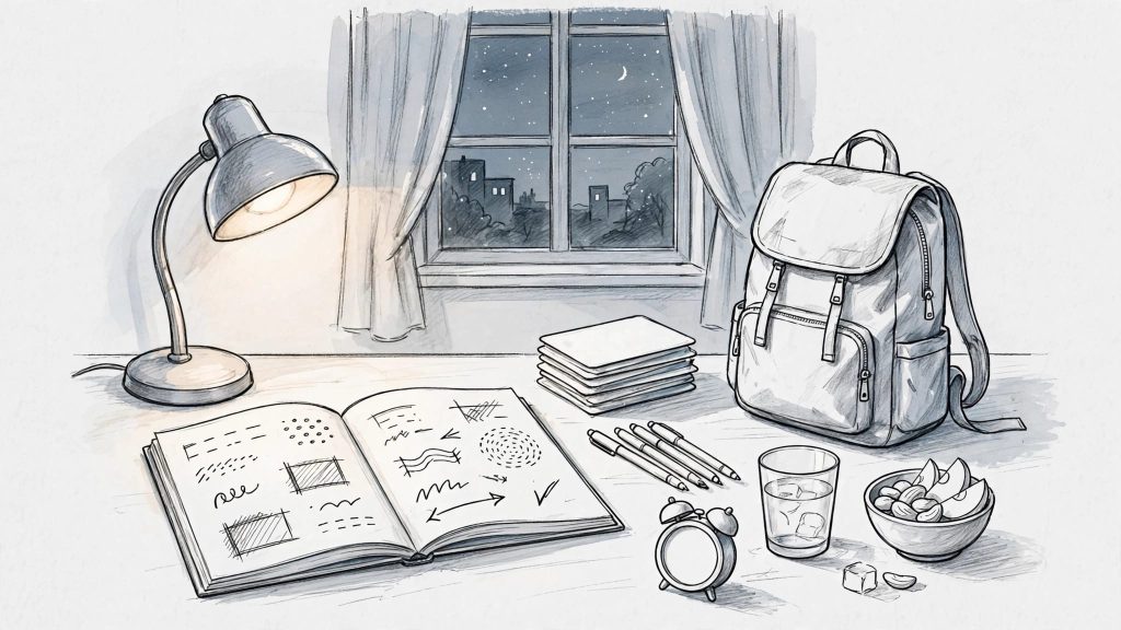 A study desk with notes, flashcards, a backpack, snack, and lamp at night.