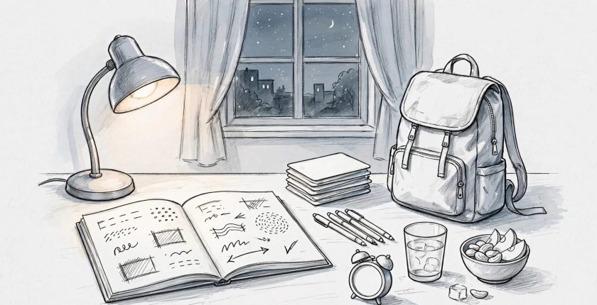 A study desk with notes, flashcards, a backpack, snack, and lamp at night.