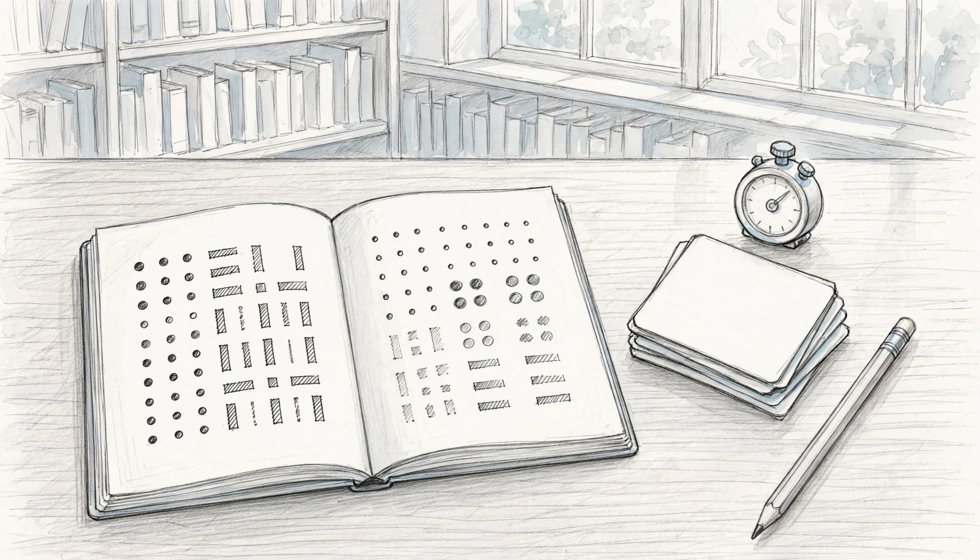 An open notebook with progress marks beside flashcards, a timer, and pencil on a library table.