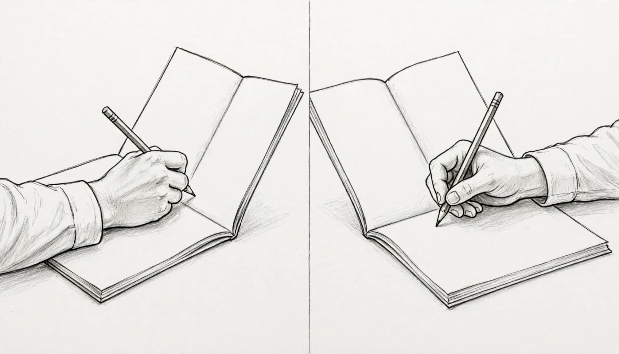 Split panels show left- and right-handed exam writing with different paper angles.