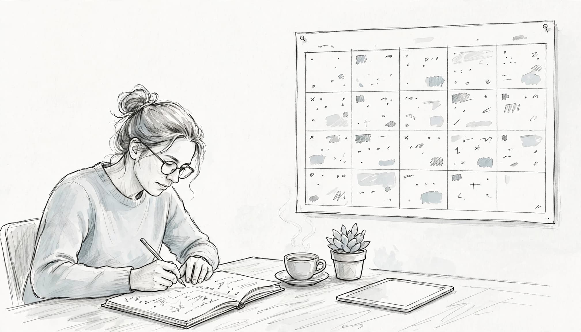 Adult learner organizing a blank calendar with a notebook, tablet, coffee, and plant.