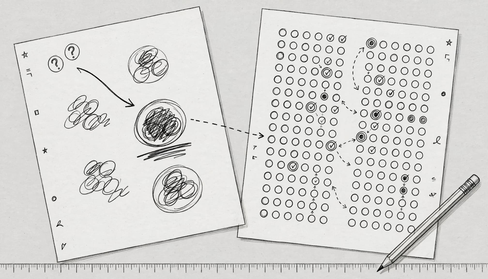 Open passage and answer sheet with arrows, circles, and a pencil on a desk.