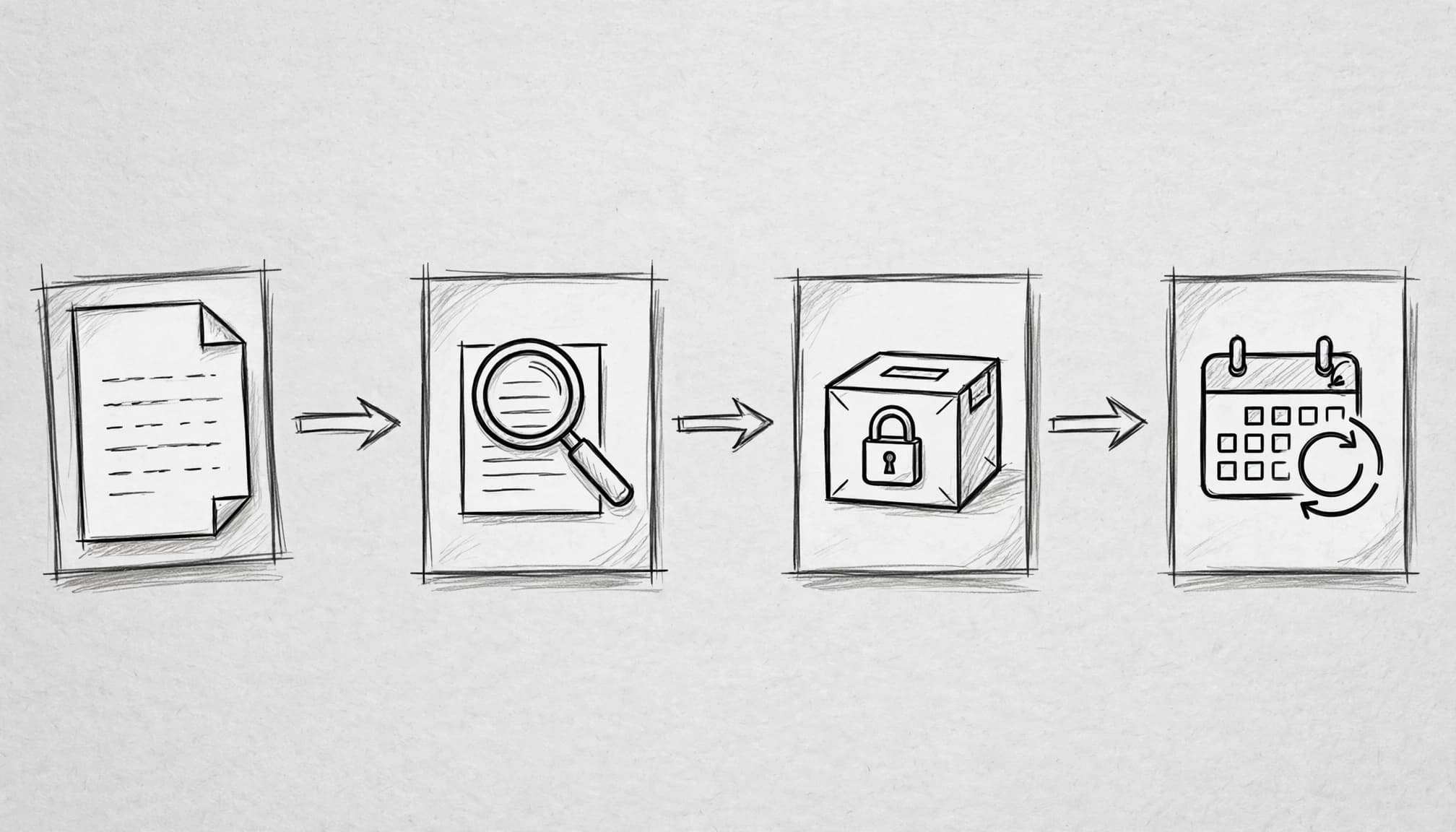 Sketched exam cards flow from drafting and review to secure storage and a calendar refresh.