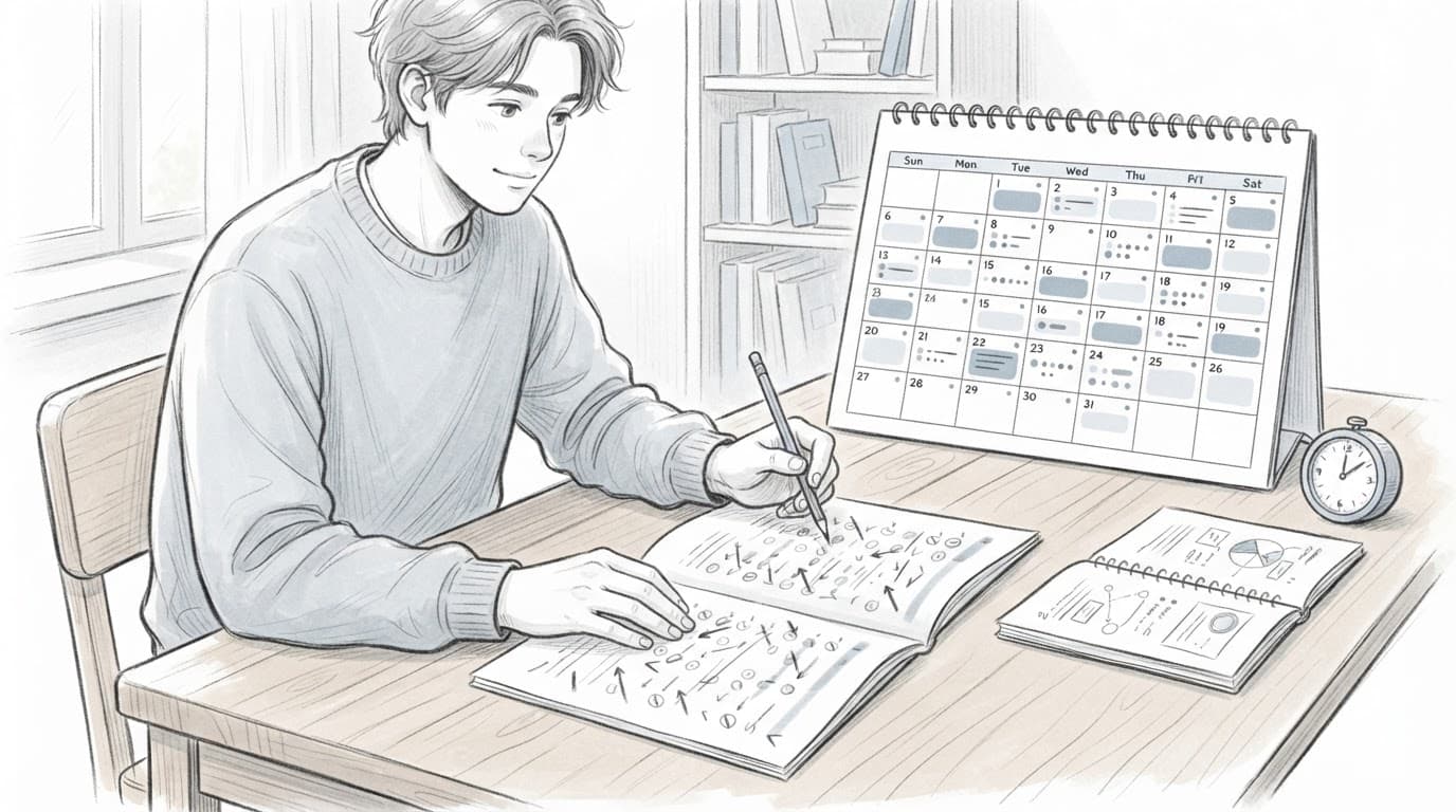 A student reviews a marked test beside a study calendar, notebook, and timer.