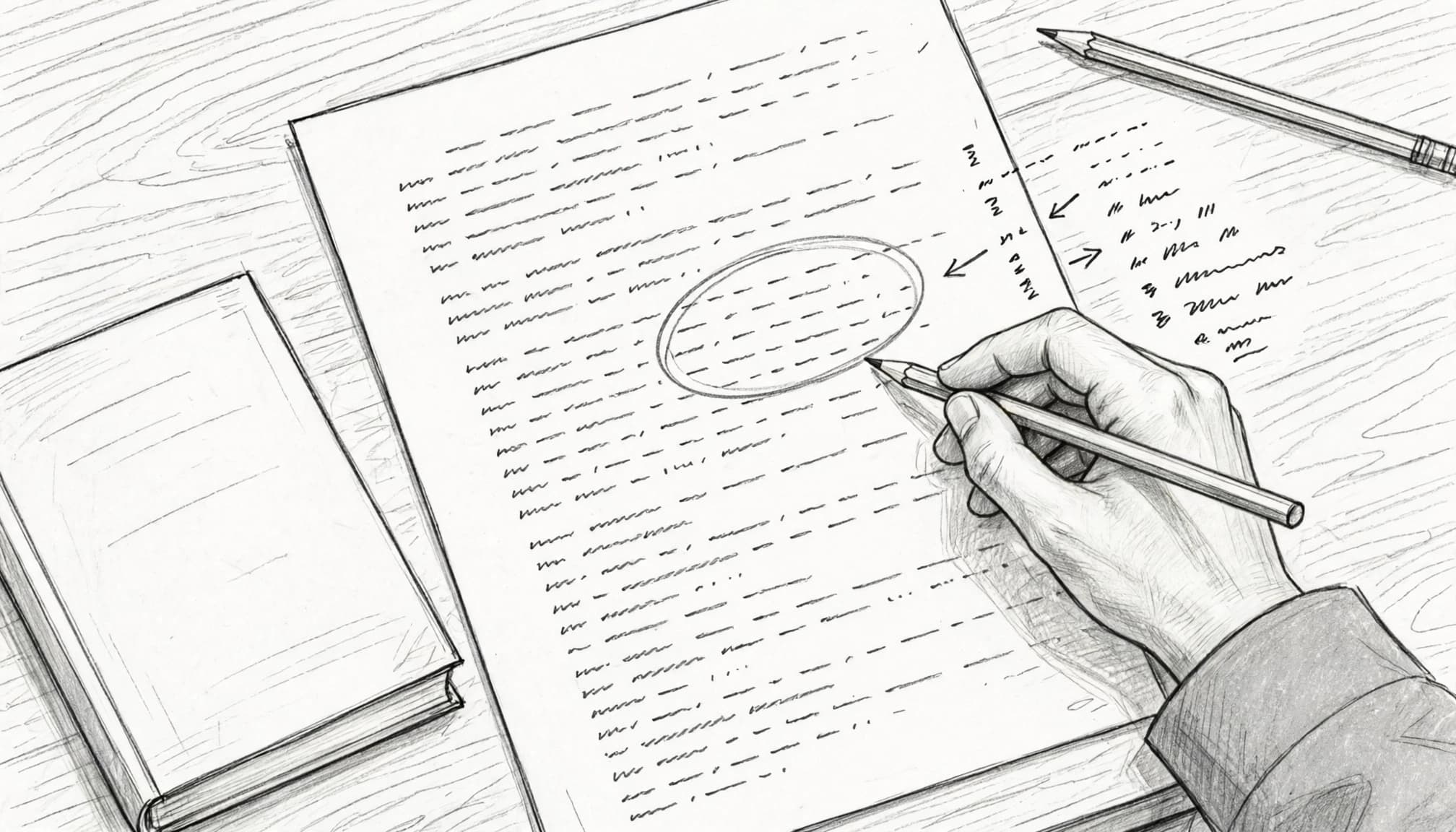 Student marking an exam paper with a pencil beside a closed textbook.