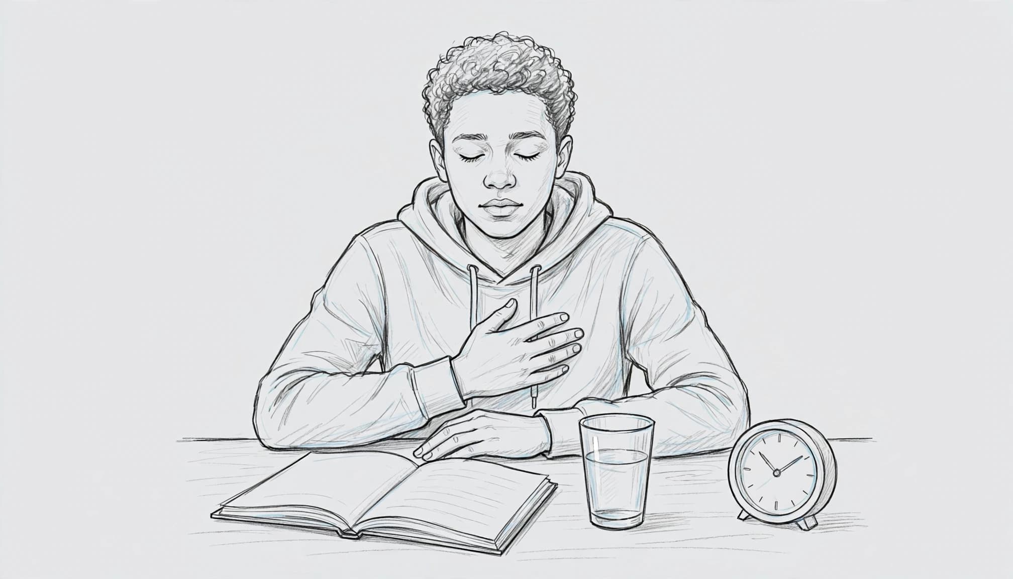 A student breathes calmly at a table with a notebook, water glass, and clock.