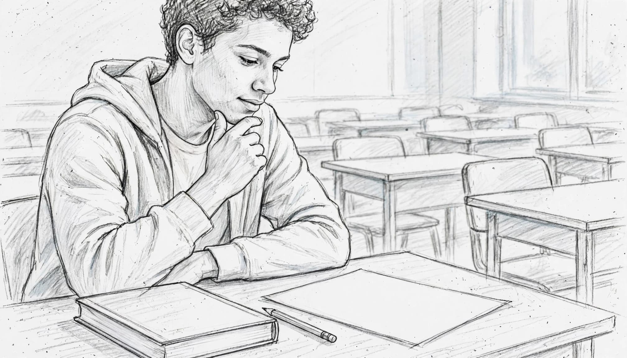 A student considers an exam paper beside a pencil and closed textbook.