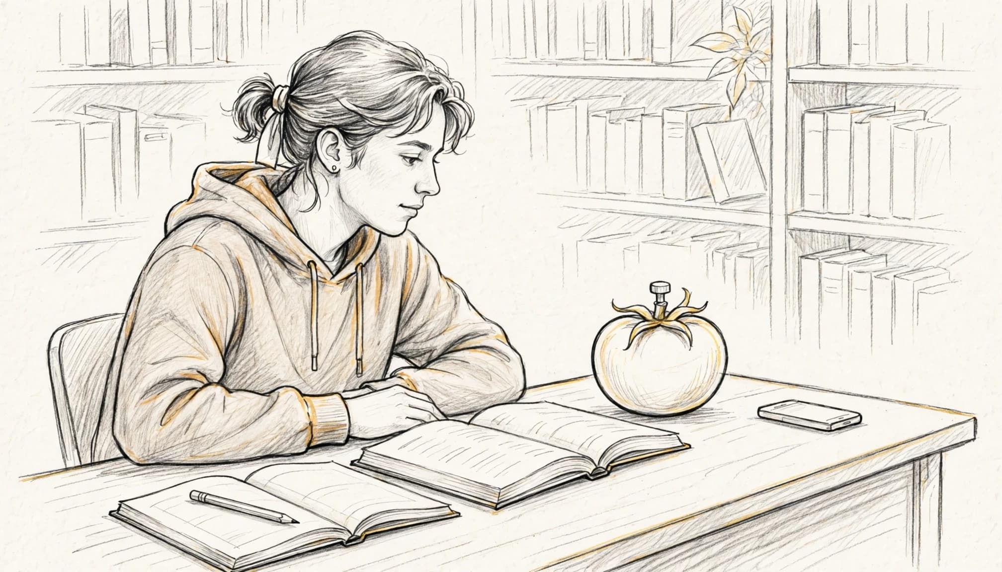 A student studies beside a tomato-shaped timer, books, pencil, and closed phone.
