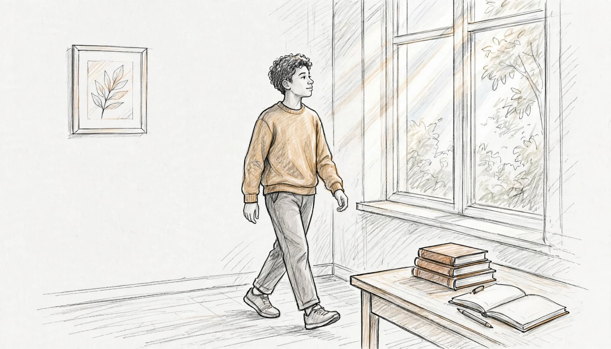 A student walks beside a bright window near books and a notebook.