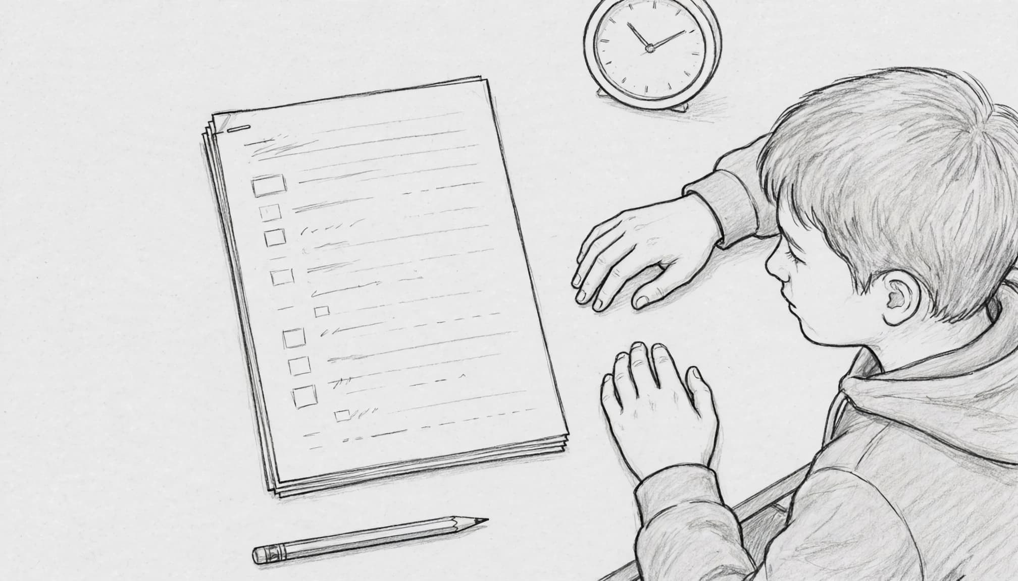 Student reviewing a stapled test paper with a pencil and analog clock on a plain table.