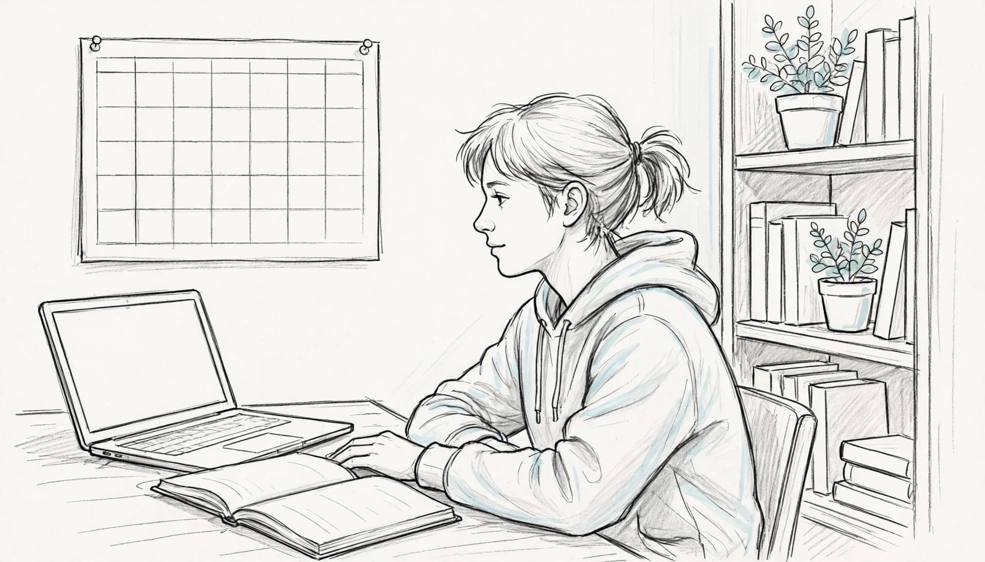 Student planning online coursework with a notebook and laptop near a wall calendar.