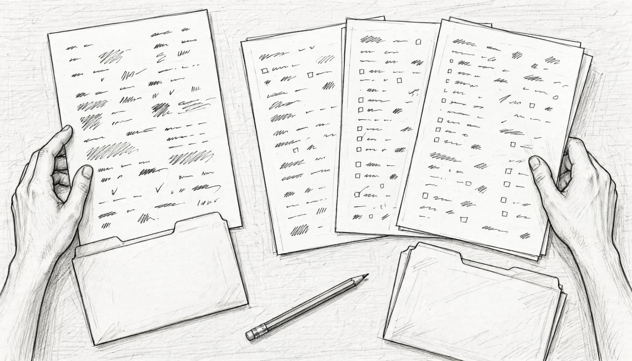 Two hands compare exam papers with a syllabus beside folders and a pencil.