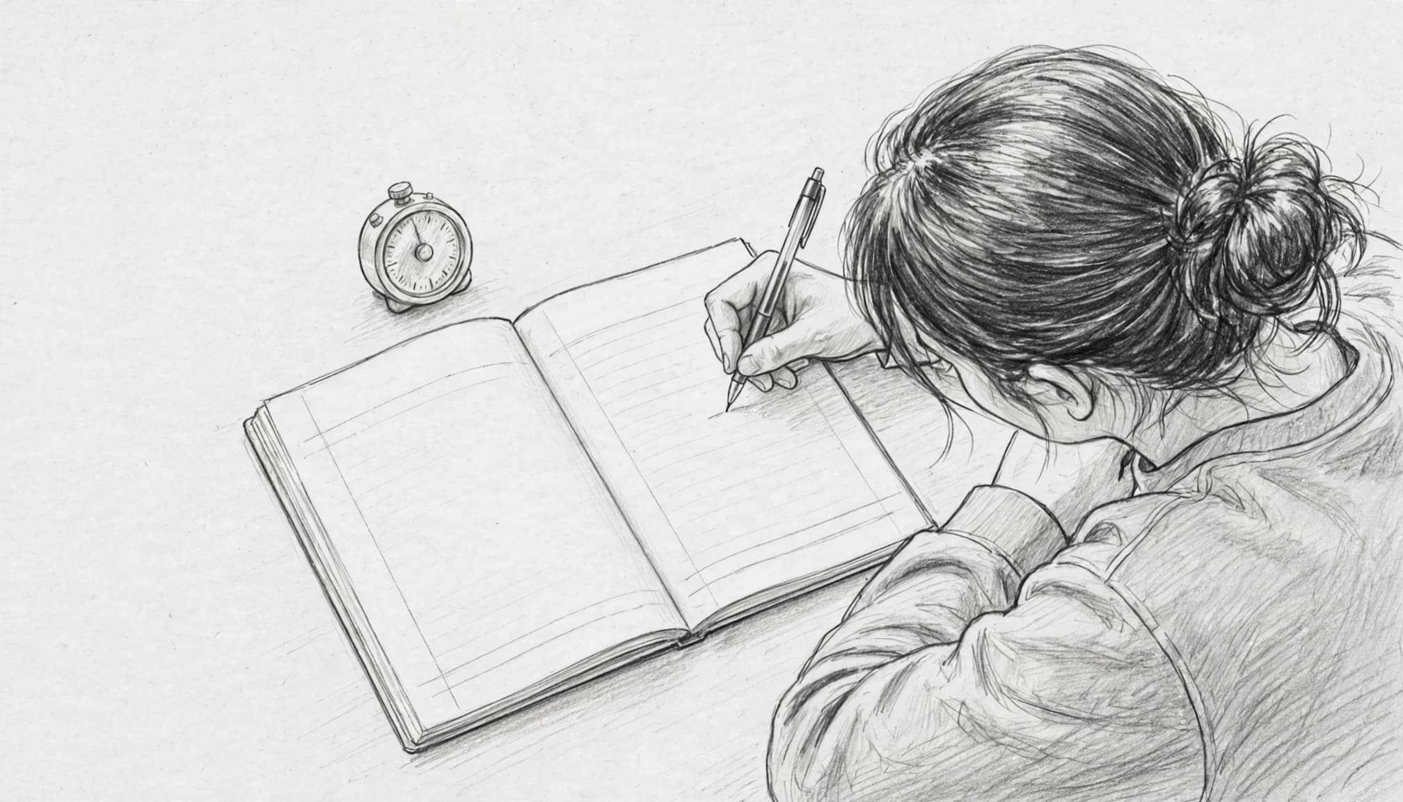 A student writing in a notebook beside a simple analog timer.
