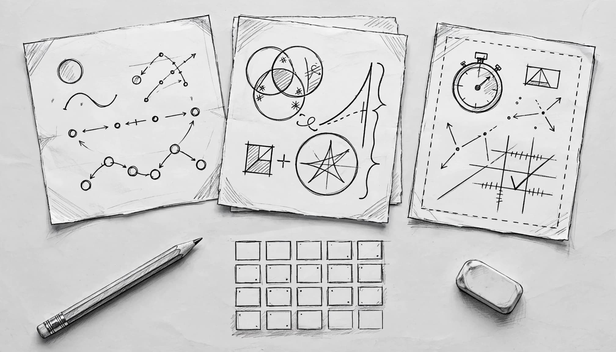 Paper study cards arranged across a week with math symbols, pencil, eraser, and calendar grid.